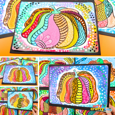 Completed pumpkin pattern art featuring orange, pink, yellow, and teal sections filled with doodles and designs, surrounded by a dotted background.