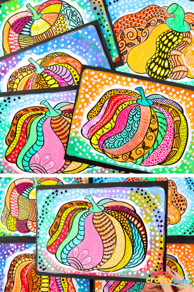 Completed pumpkin pattern art featuring orange, pink, yellow, and teal sections filled with doodles and designs, surrounded by a dotted background.