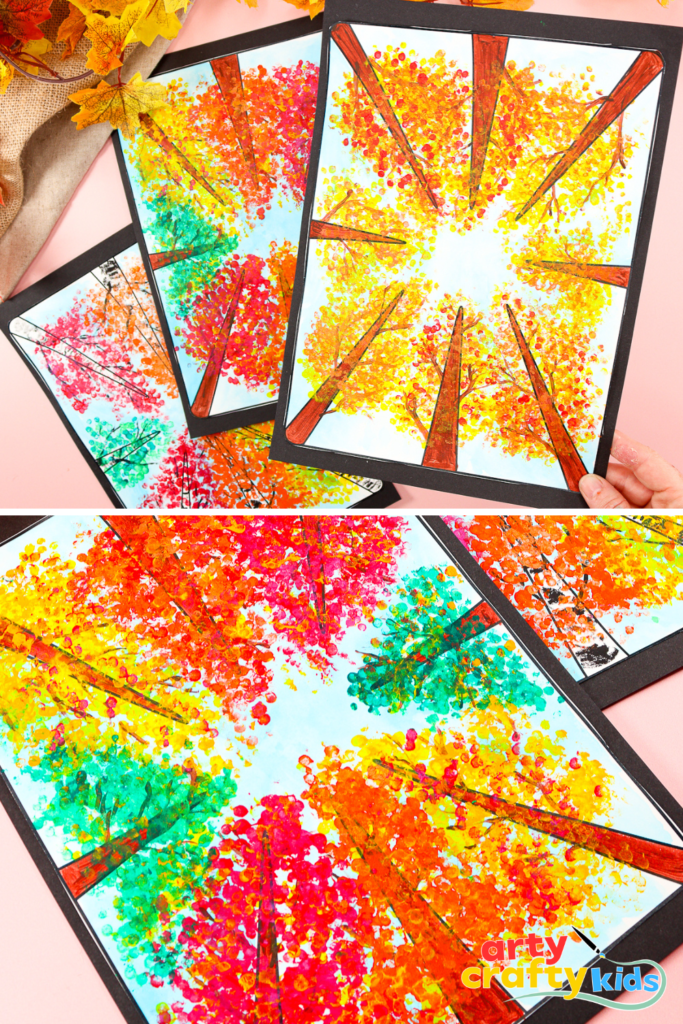 Perspective Autumn Tree Art for Kids – Q-tip dot painting technique, creating clusters of colorful Fall leaves.
