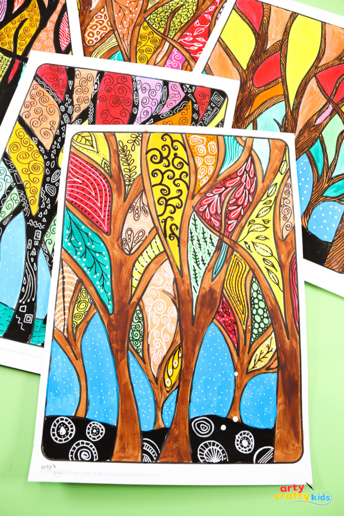 Fall tree painting for kids with colorful autumn leaves decorated with doodle patterns.