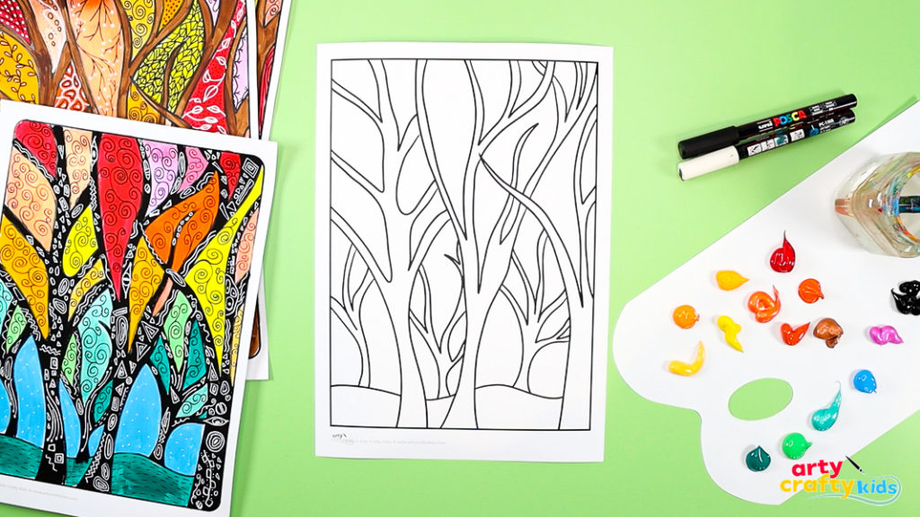 Fall Tree Painting template displayed with black and white  acrylic pens, acrylic paint and two completed Fall Tree Painting Projects. 