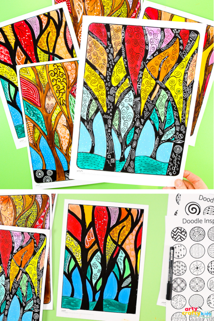 Completed fall tree paintings filled with doodle patterns and bright autumn colors, displayed on a green background.