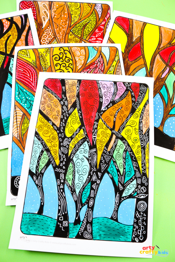 Fall tree painting variations including black tree trunks with swirling Klimt-style patterns and colorful autumn foliage.