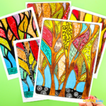 Fall tree painting for kids with colorful autumn leaves decorated with doodle patterns.