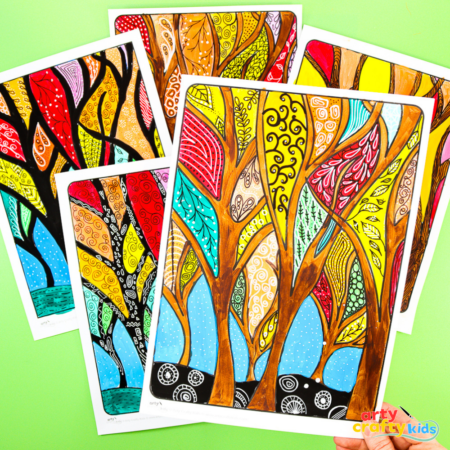 Fall tree painting for kids with colorful autumn leaves decorated with doodle patterns.