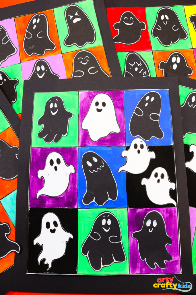 Pop Art Ghosts Halloween art project for kids inspired by Andy Warhol — colorful ghost grid using Halloween colors like orange, green, purple, and black.