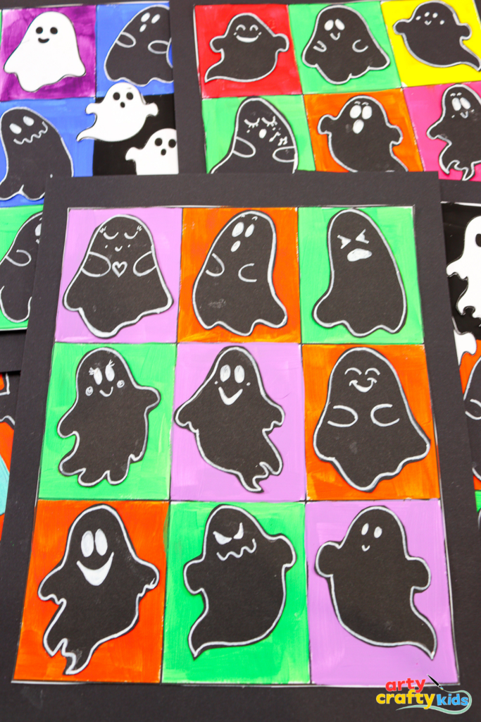 Pop Art Ghosts Halloween art project for kids inspired by Andy Warhol — colorful ghost grid using Halloween colors like orange, green, purple, and black.