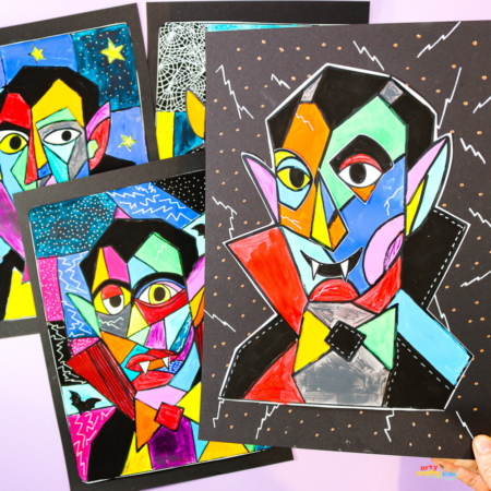 Colorful Picasso-style Dracula collage art project for kids with geometric shapes and bold Halloween colors.