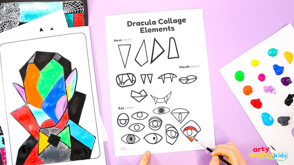Dracula collage elements, including eyes, mouth, and nose, painted in bold colors ready to cut and assemble into an abstract Cubist face.