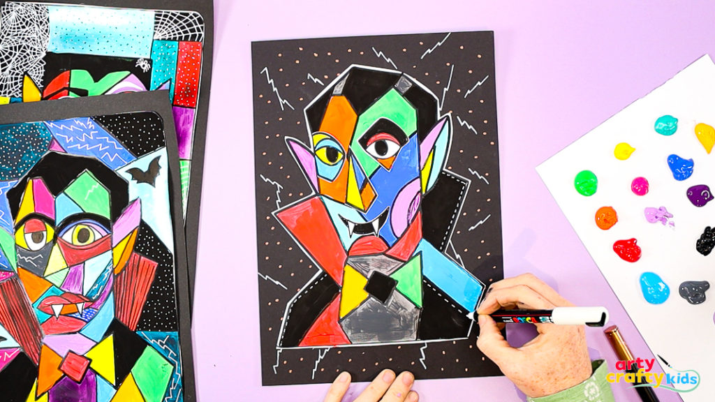 Completed Picasso Dracula collage artwork with added highlights and patterns for the finishing touches of a Cubist-inspired Halloween project.