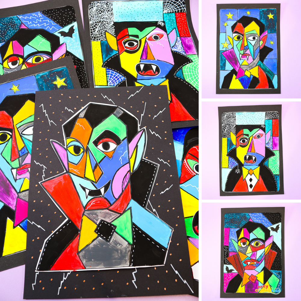 Halloween Cubism art project showing a vibrant abstract Dracula face made with paint and cut-out collage pieces.