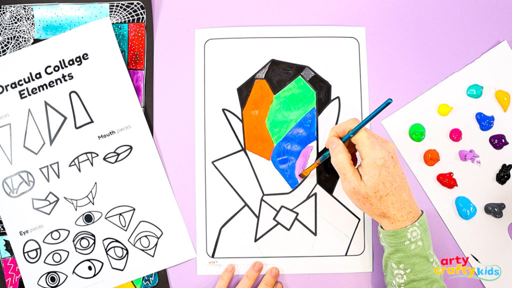 Painting the Picasso Dracula portrait with bright, contrasting colors to explore brushwork, blending, and Cubist color combinations.