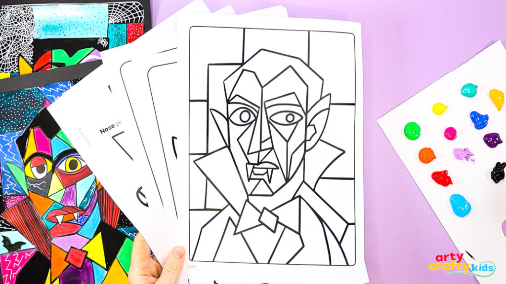Picasso Dracula Collage Art Templates including coloring pages, outlines and drawing guides.
