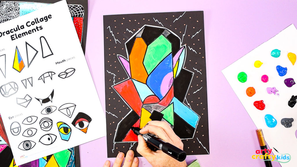 Defining the geometric segments of the Dracula portrait with bold black outlines and doodles to emphasize shape and contrast.