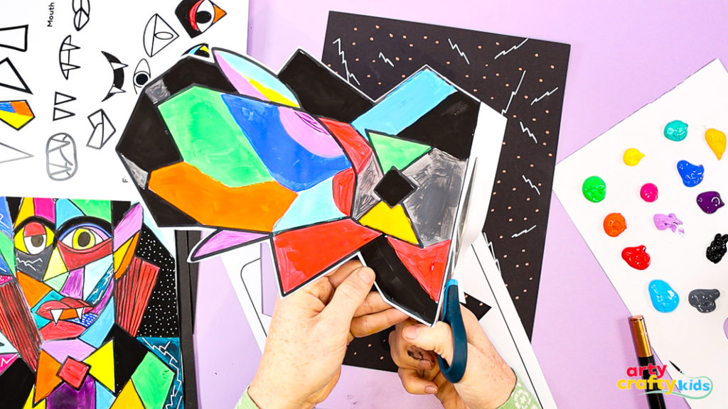 Creative Halloween art background featuring geometric patterns and colorful linework to complement a Picasso-style Dracula collage.