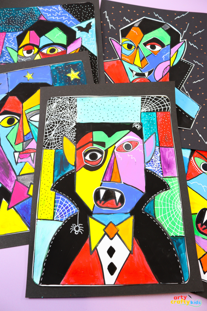 Picasso-inspired Dracula collage with mismatched eyes, colorful shapes, and lightning bolt doodles on black paper.