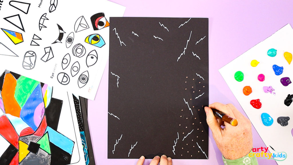 Decorated black paper background with lightning bolts, spots, and geometric doodles, designed to enhance the Picasso Dracula collage.