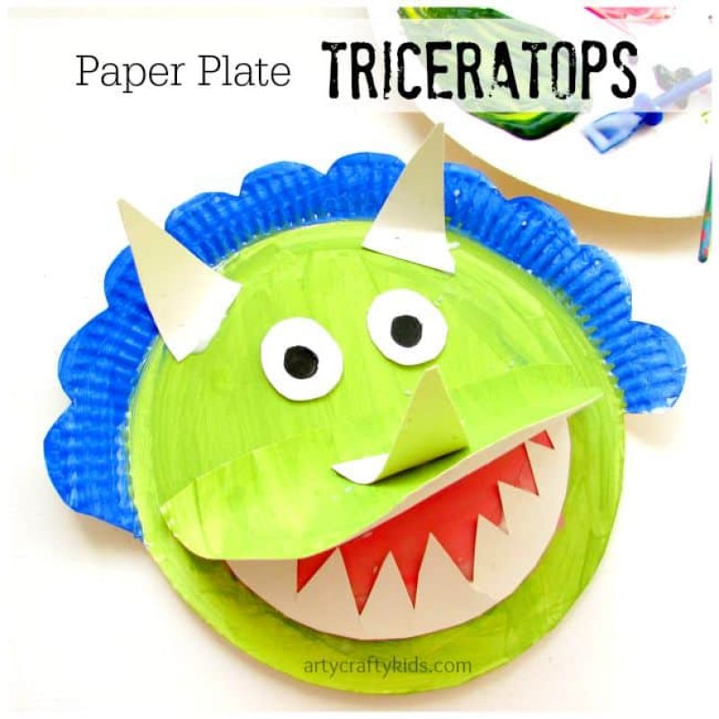 Paper plate triceratops plate craft with teeth and horns